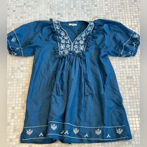 Chelsea & Violet Embroidered Blue Dress with Puffy Sleeves and Tassels